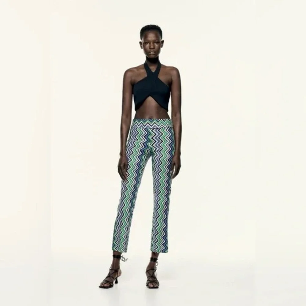 ZARA Linen Blend Cropped‎ Pants ZigZag Print Size Large Retro